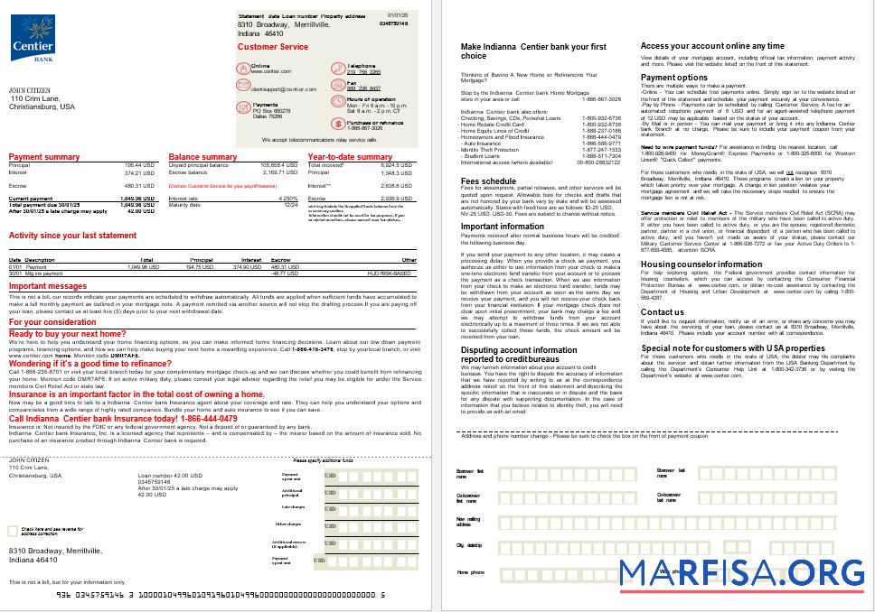 Downloadable USA Indianna Centier bank mortgage statement in Word and PDF formats, 2 pages example